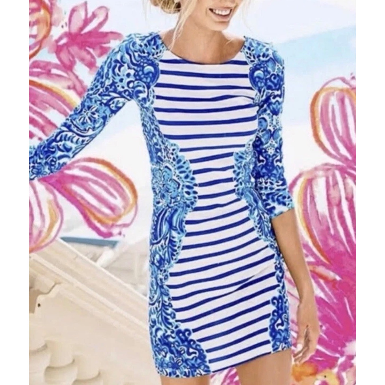 Lilly Pulitzer Xxs Blue White Striped Paisley Long Sleeve Sheath Dress Bodycon